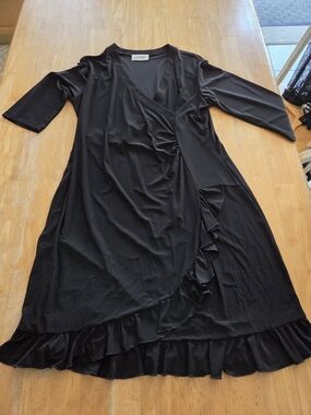 Wrap-Front Black Ruffle Midi Dress